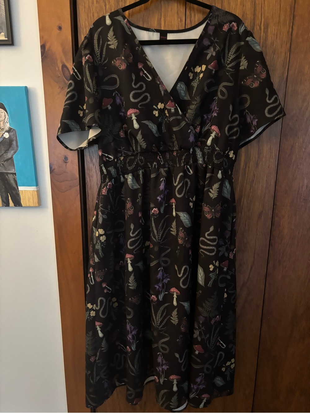 ROMWE Black Botanical & Snake Print Wrap Midi Dress